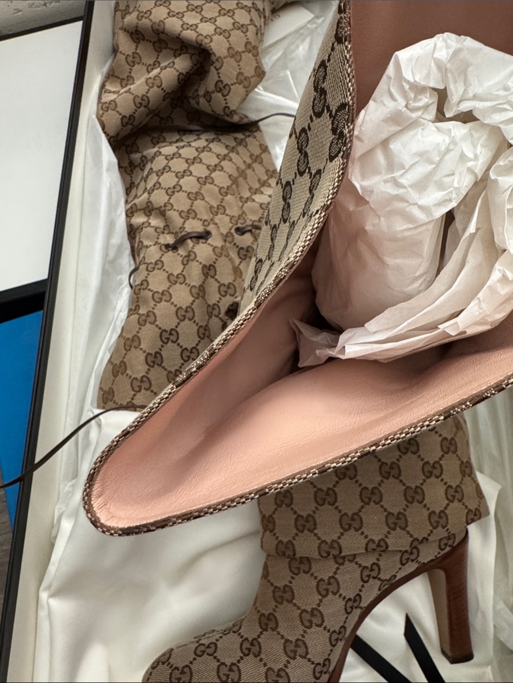Gucci Brown GG Monogram Knee-High Drawstring Boots - Picture 4 of 8